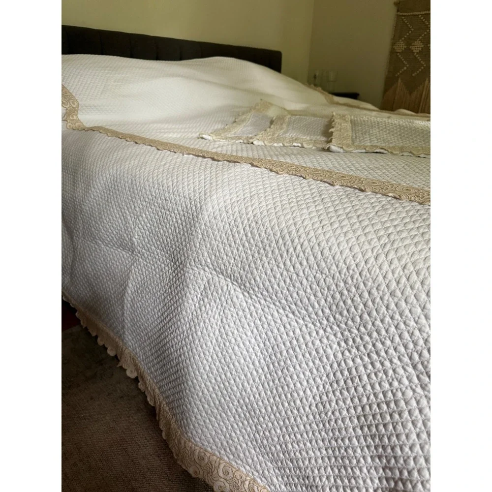 Schweitzer Linen Quilted Coverlet Set White Beige Lace oversized king shams